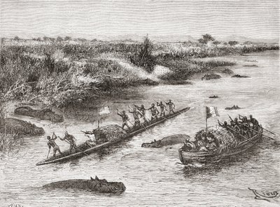 Franse en Britse ontdekkingsreizigers jagen op nijlpaarden op de Congo-rivier in de 19e eeuw, uit 